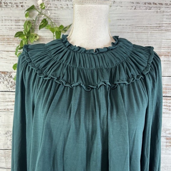 Ann Taylor Blouse Top sz Extra Small Teal Jersey Smocking Prairie Modest Stretch - Picture 6 of 14